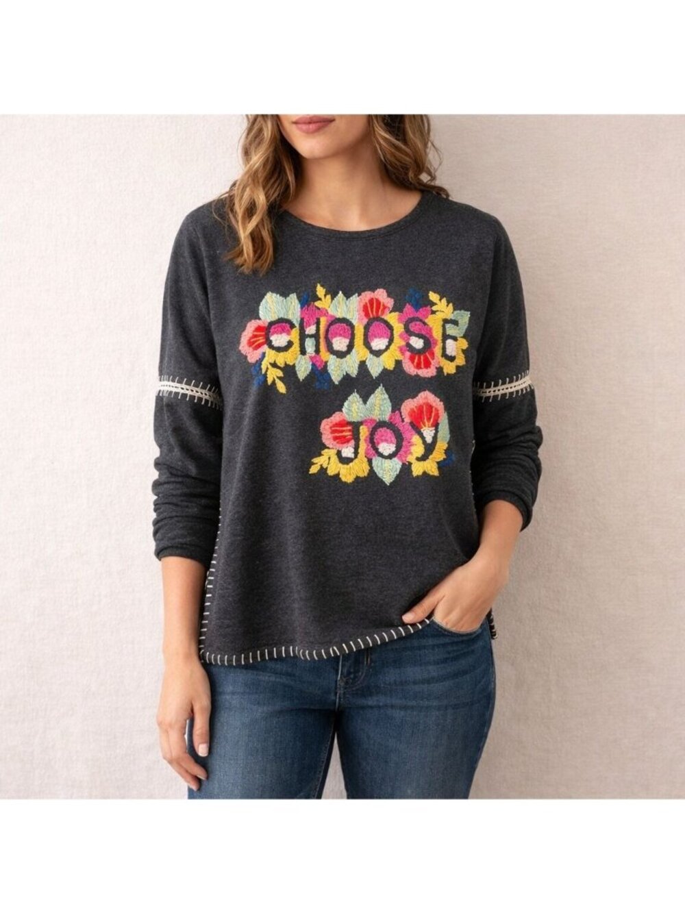 Bleu Bayou Crewel Embroidered Sweatshirt Size S Folk Art Floral Choose Joy